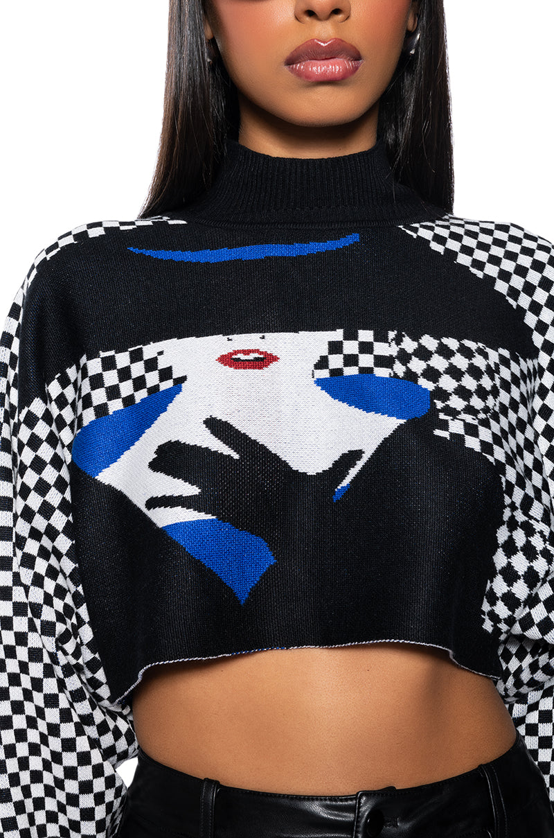 MADEMOISELLE NOIR MOCK NECK CHECKERED KNIT SWEATER