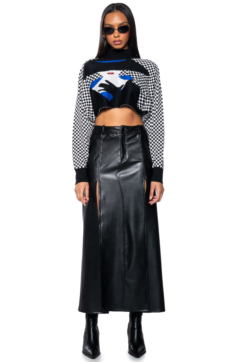 MADEMOISELLE NOIR MOCK NECK CHECKERED KNIT SWEATER