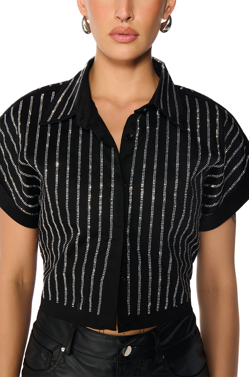 MAFIOSA RHINESTONE STRIPE CROPPED BUTTON DOWN