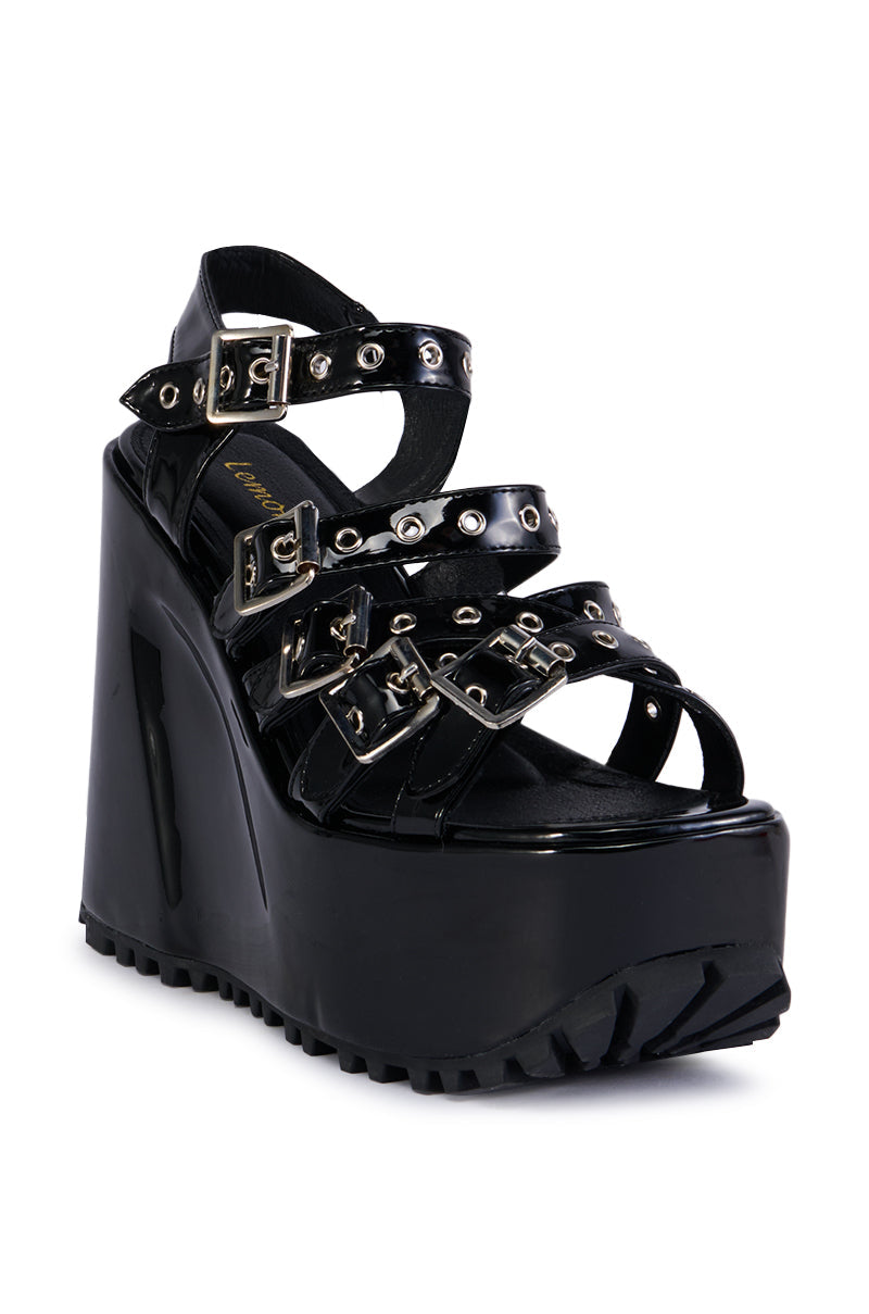 MICHAELA BLACK WEDGE PLATFORM SANDAL
