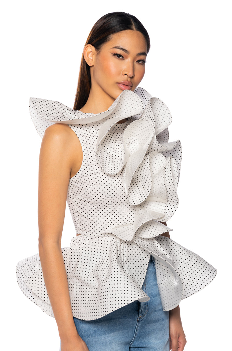 MISS FASHIONISTA SLEEVELESS POLKA DOT PRINT BLOUSE