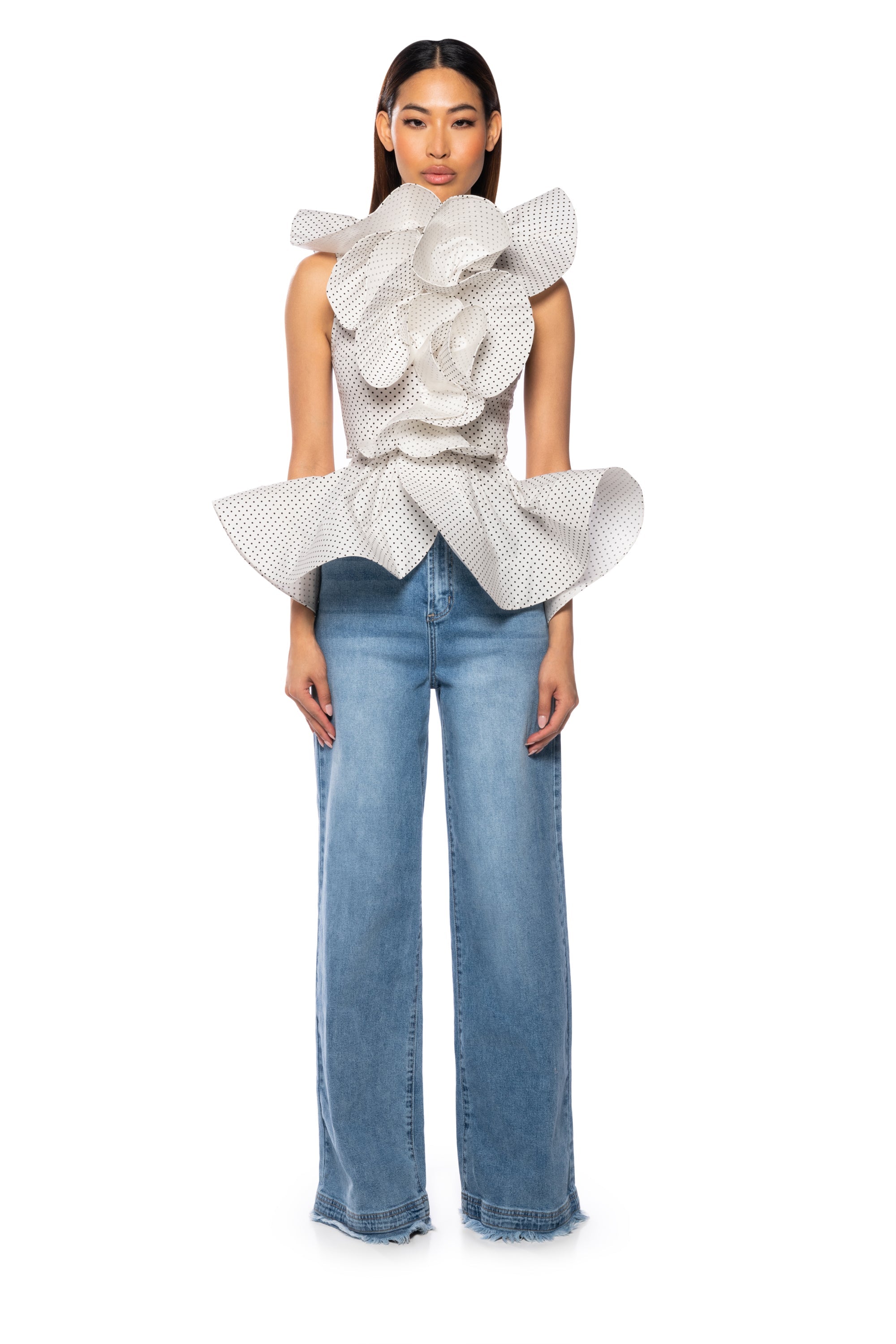 MISS FASHIONISTA SLEEVELESS POLKA DOT PRINT BLOUSE