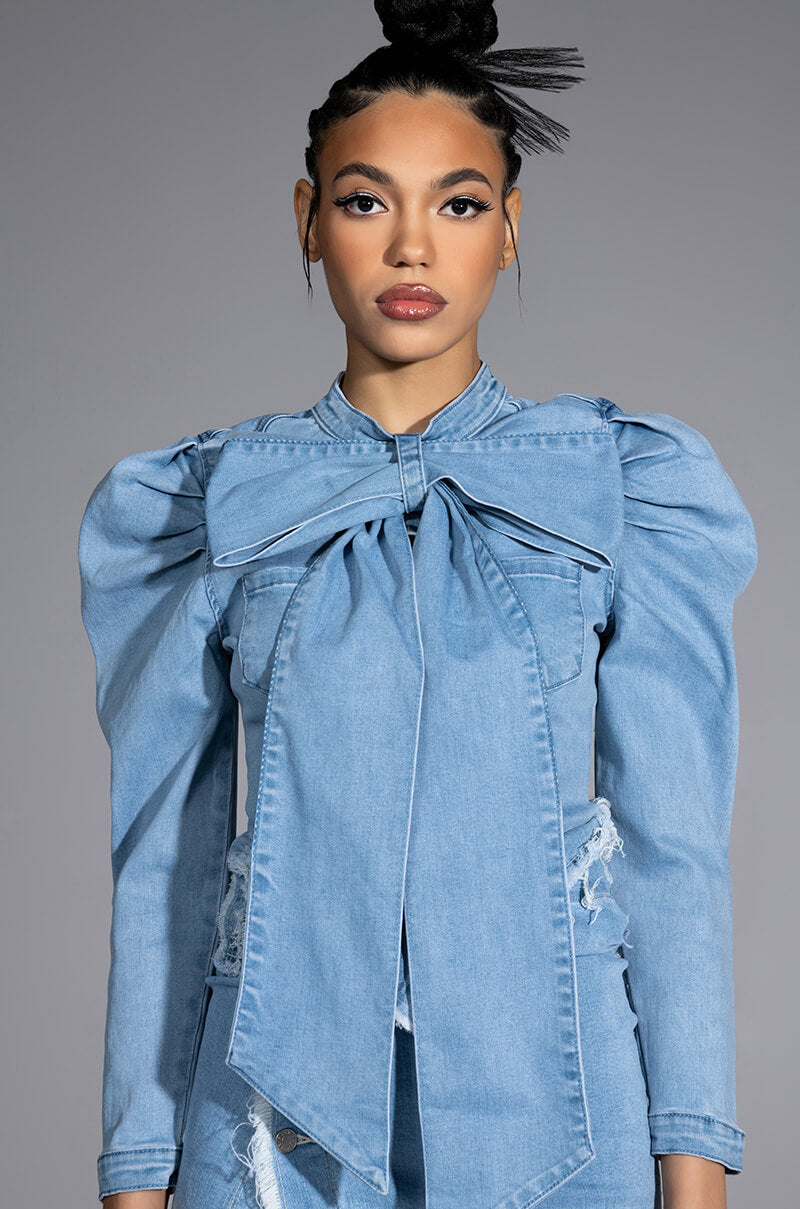 MISS INDEPENDENT DENIM LONG SLEEVE BLOUSE