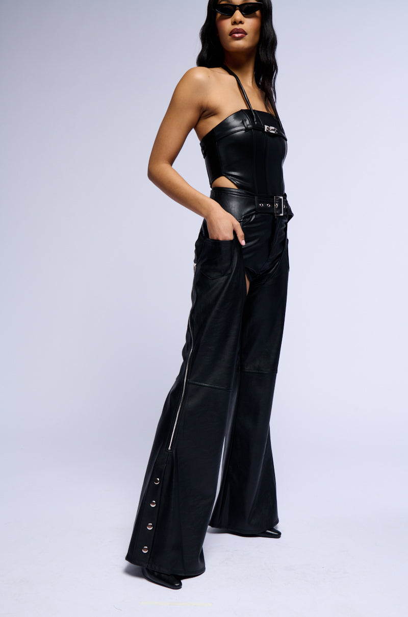 MISS KELLY FAUX LEATHER HALTER NECK CORSET TOP