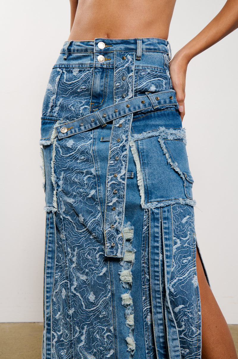 MIXED MEDIA DENIM MAXI SKIRT