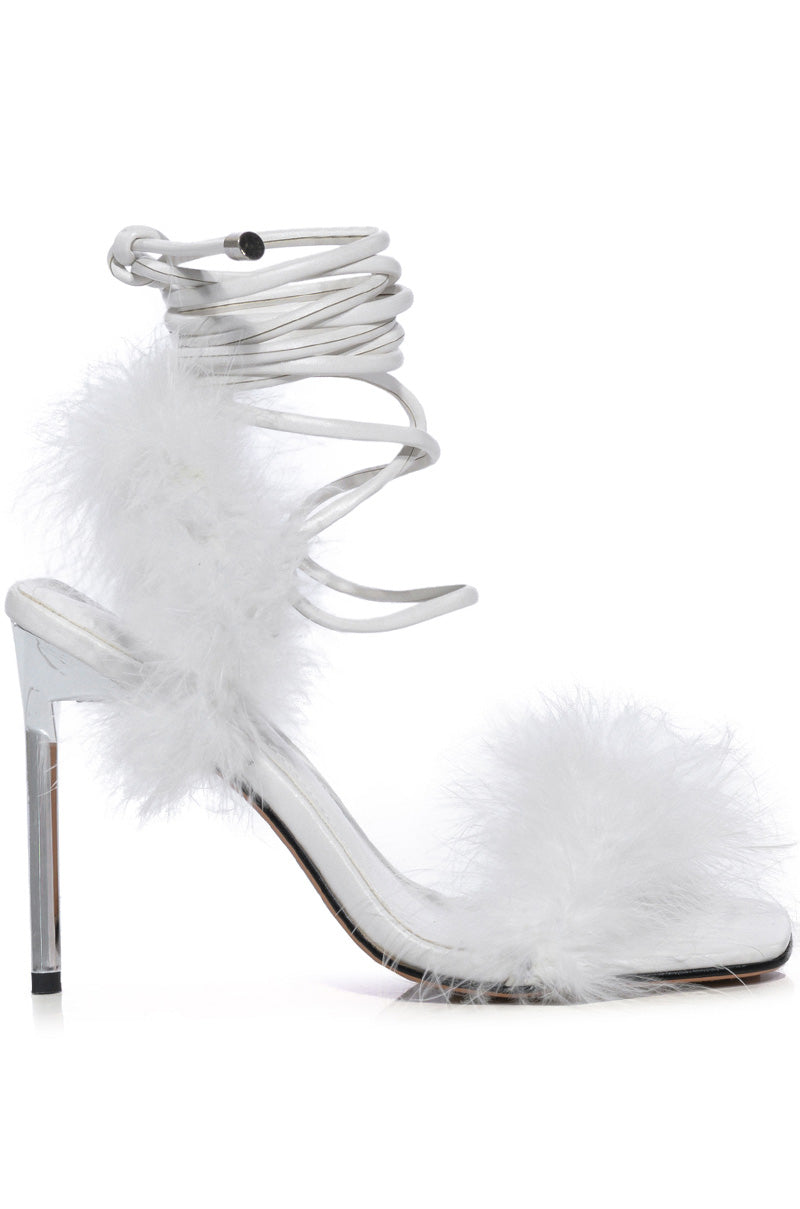 AZALEA WANG AMEILIA FUR STILETTO SANDAL IN WHITE