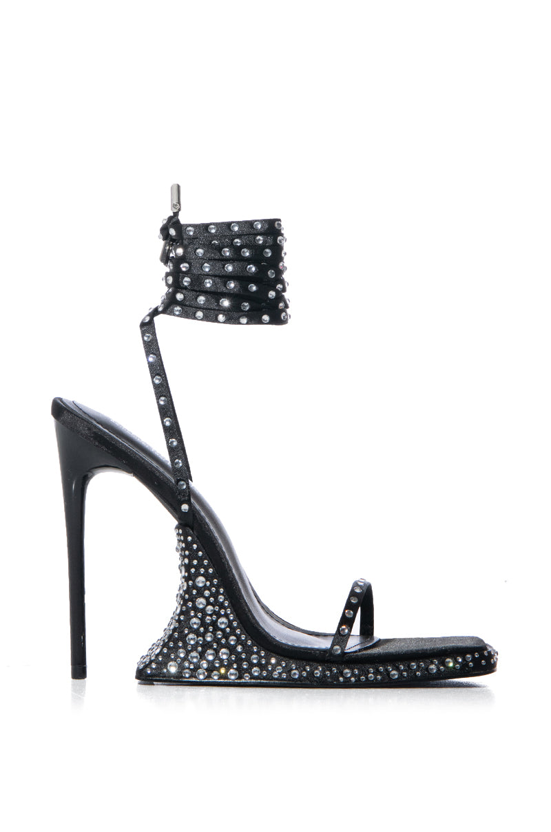 NADURA BLACK EMBELLISHED LACE UP SANDAL