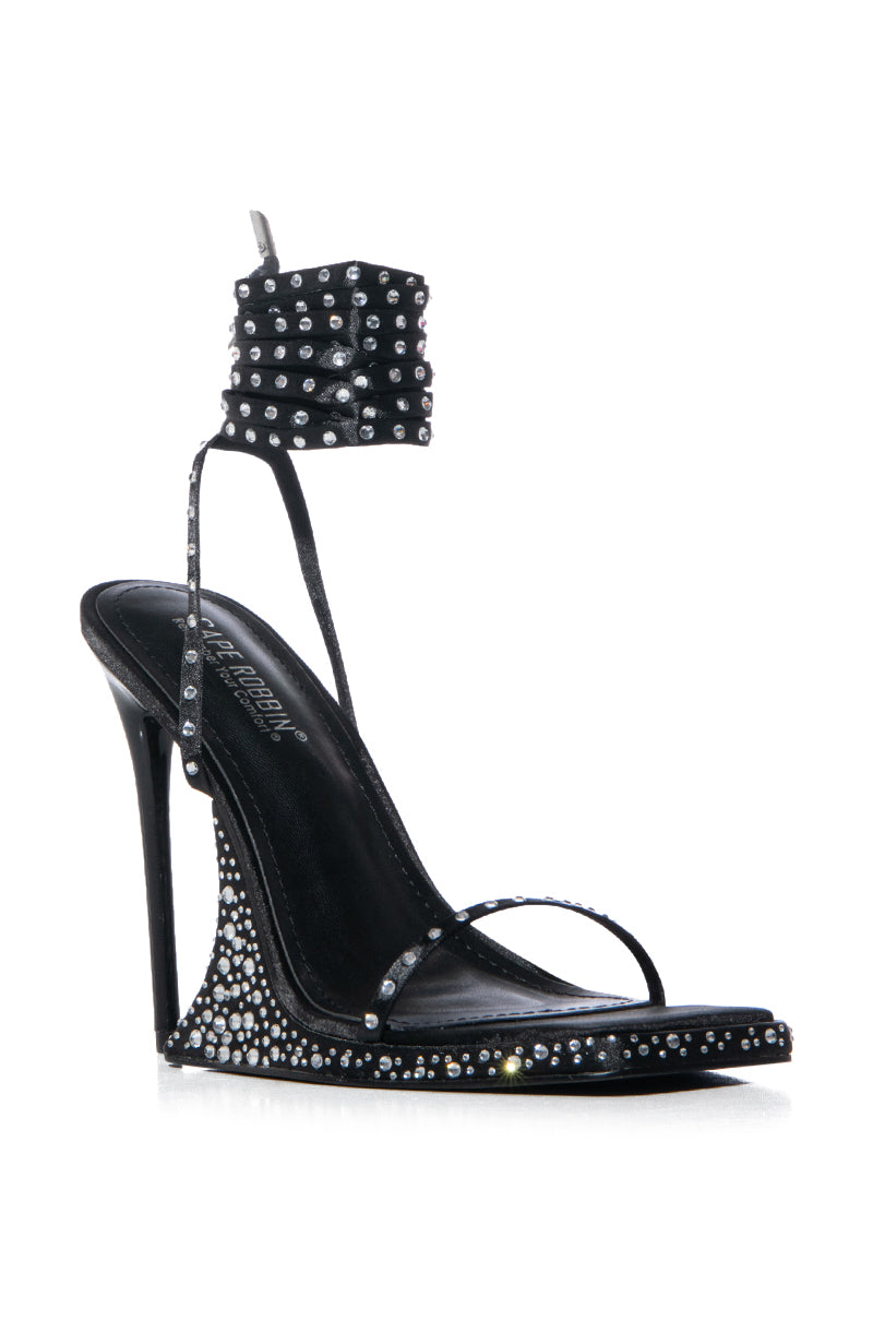 NADURA BLACK EMBELLISHED LACE UP SANDAL