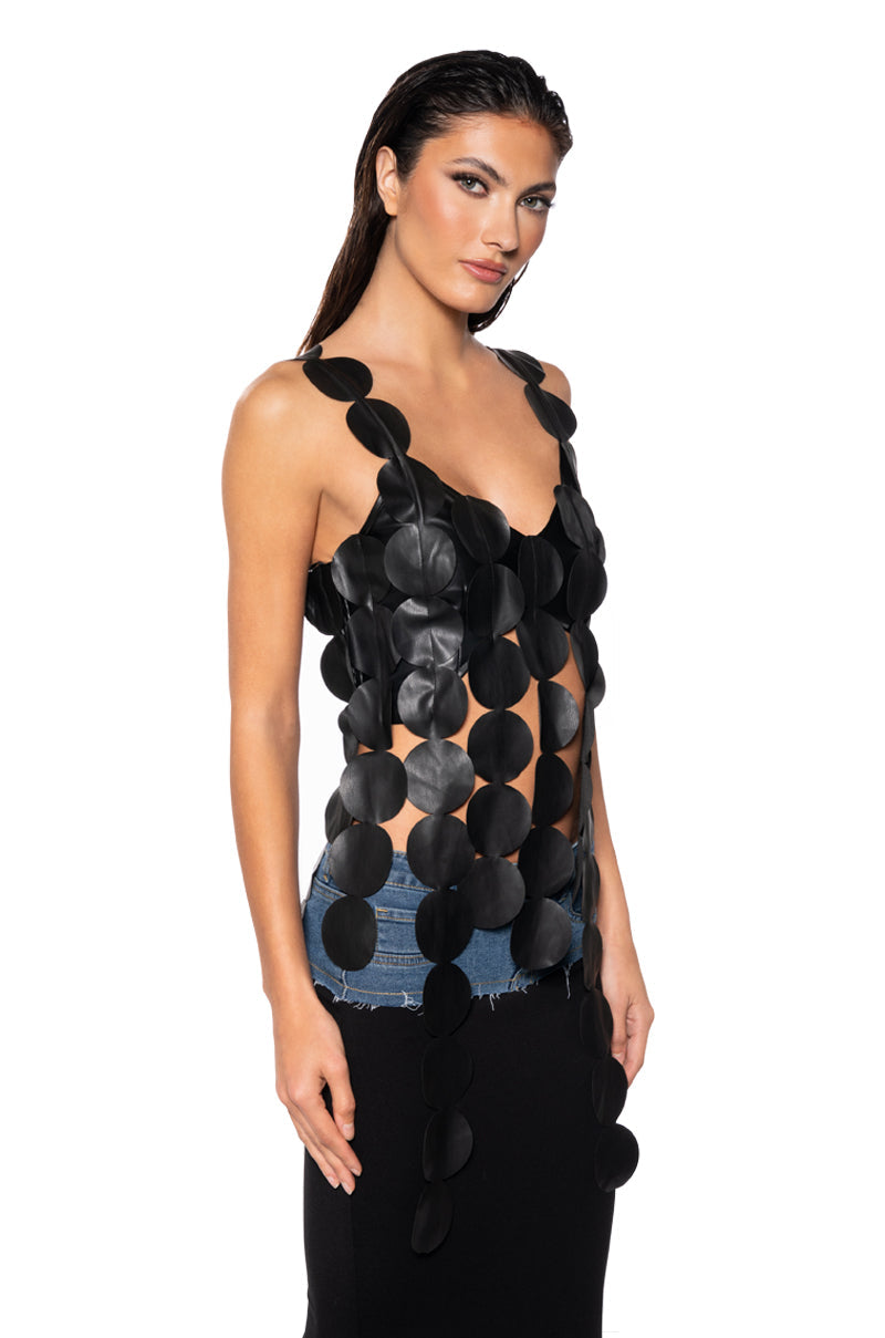 NO DISRESPECT FAUX LEATHER SLEEVELESS CROP TANK