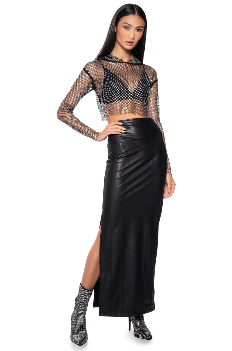NORTH STAR RHINESTONE MESH HOODED LONG SLEEVE CROP TOP IN BLACK