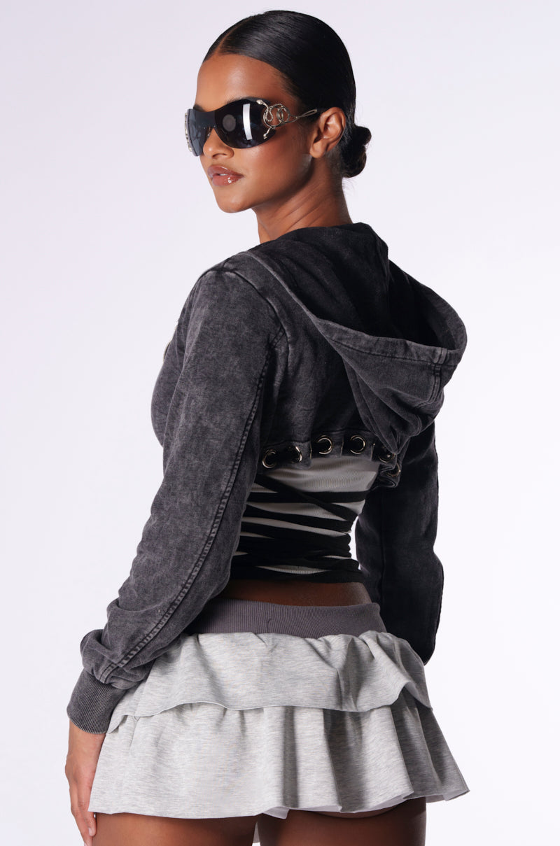 NOT MY FAULT MINERAL WASH LACE UP SWEATSHIRT