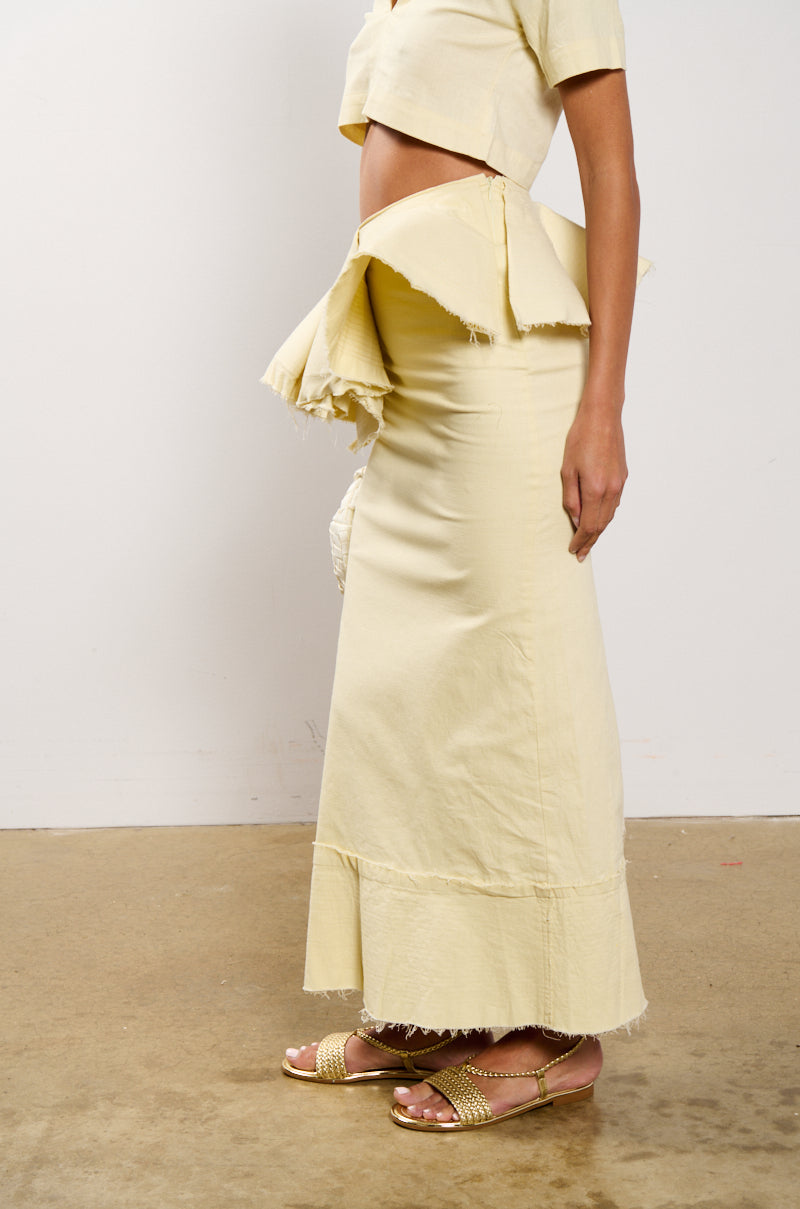 OCEAN BREEZE RUFFLE DETAIL STRETCH LINEN MAXI SKIRT