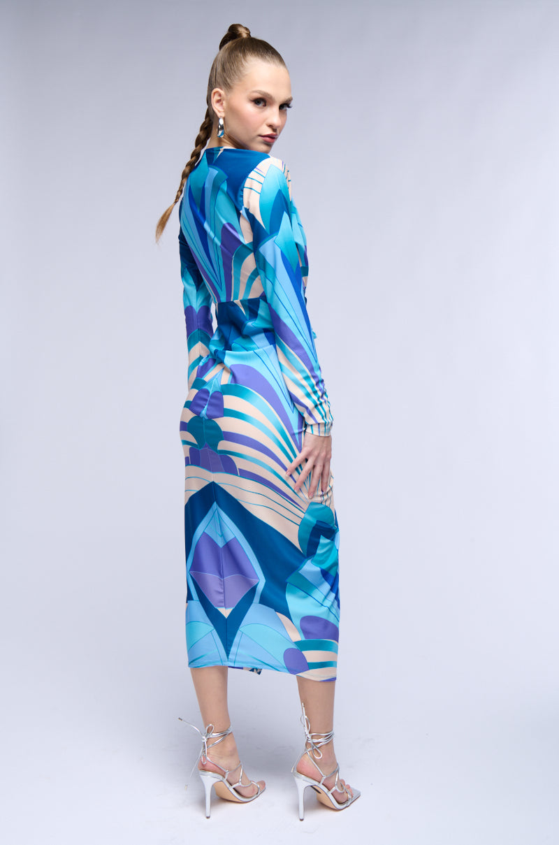 ODETTE SCARF PRINT MIDI DRESS IN TEAL