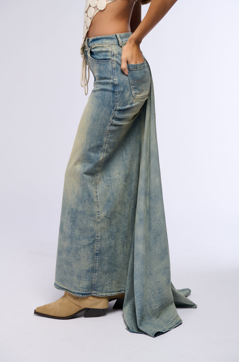OH THE DRAMA DENIM MAXI SKIRT WITH TRAIN