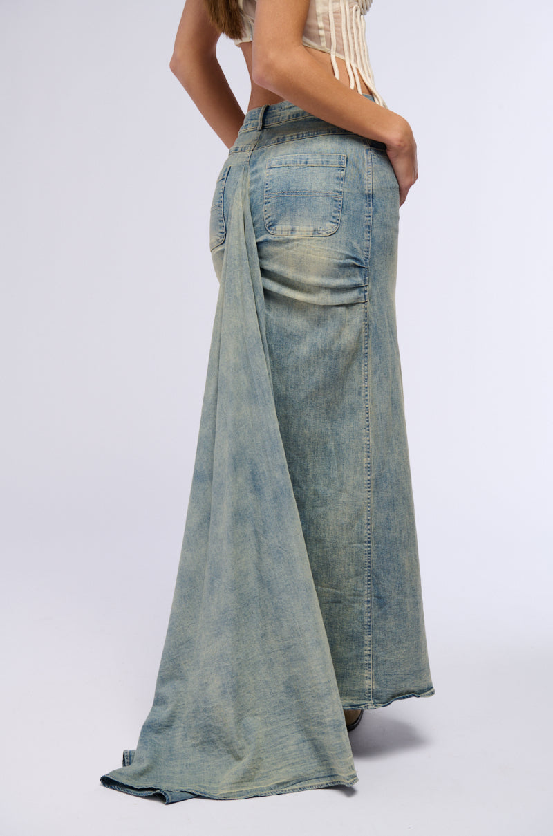 OH THE DRAMA DENIM MAXI SKIRT WITH TRAIN
