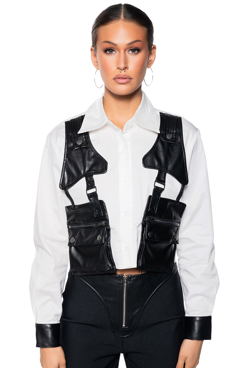 ON DUTY FAUX LEATHER POCKET DETAIL POPLIN SHIRT