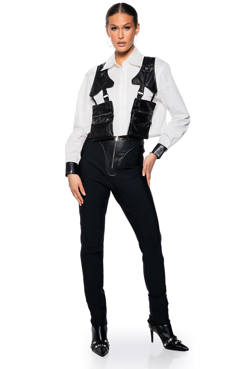 ON DUTY FAUX LEATHER POCKET DETAIL POPLIN SHIRT