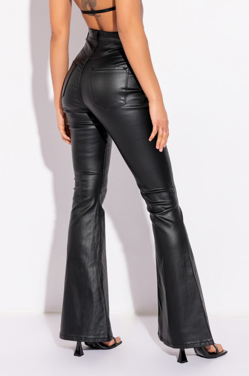 ON DUTY FAUX LEATHER HIGH RISE FLARE PANTS