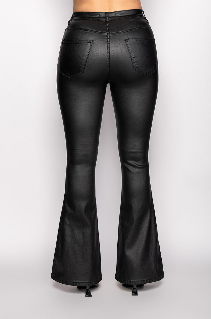 ON DUTY FAUX LEATHER HIGH RISE FLARE PANTS
