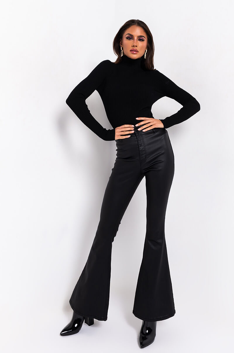 ON DUTY FAUX LEATHER HIGH RISE FLARE PANTS