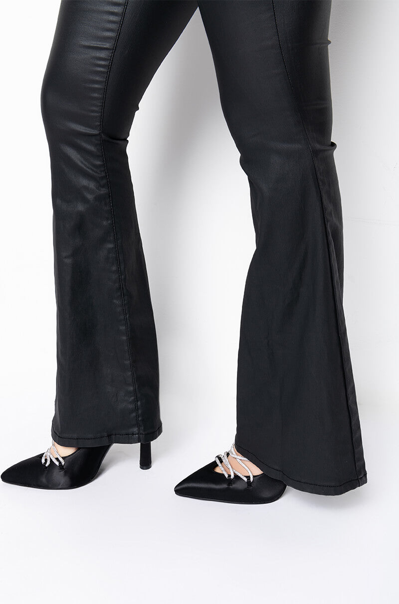 ON DUTY FAUX LEATHER HIGH RISE FLARE PANTS