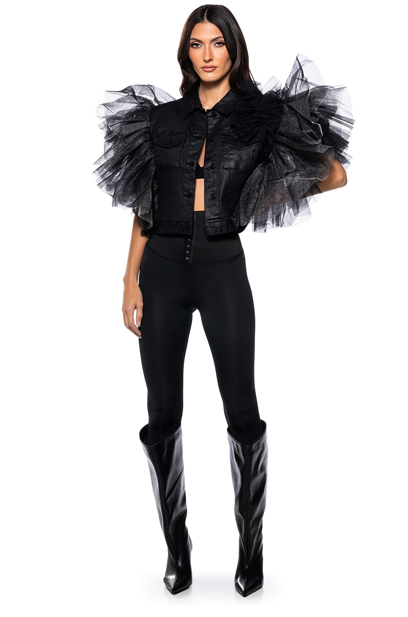 ON REPEAT TULLE SHOULDER VEST IN BLACK PU