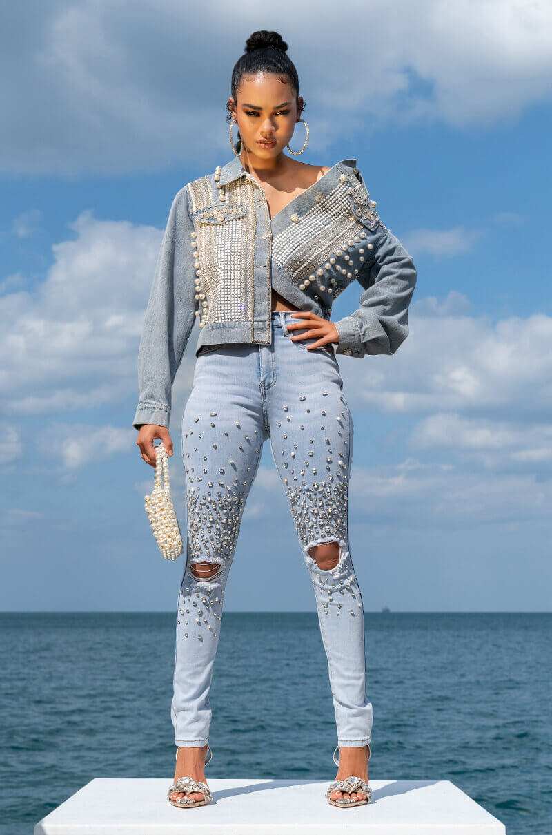 OUTTA THIS WORLD DISTRESSED RHINESTONE HIGH RISE SKINNY JEANS