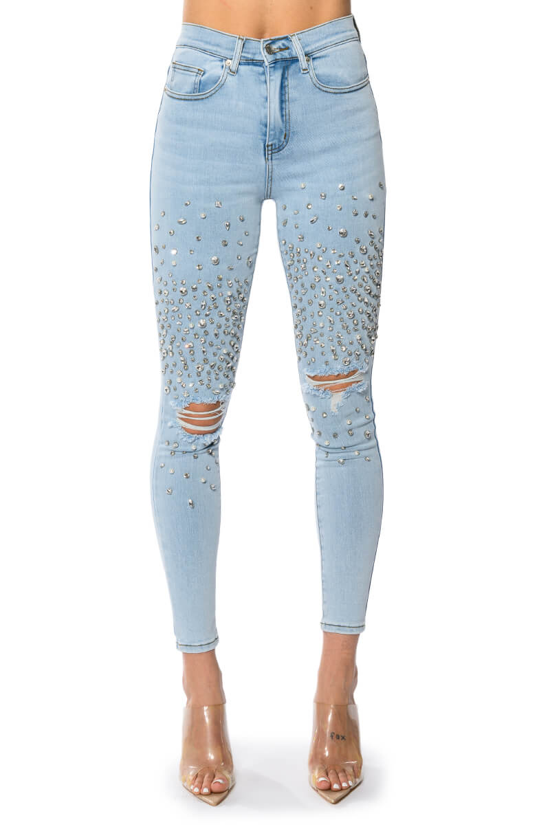 OUTTA THIS WORLD DISTRESSED RHINESTONE HIGH RISE SKINNY JEANS