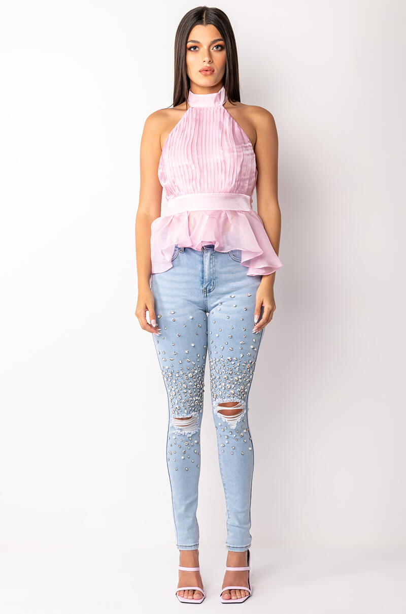 OUTTA THIS WORLD DISTRESSED RHINESTONE HIGH RISE SKINNY JEANS
