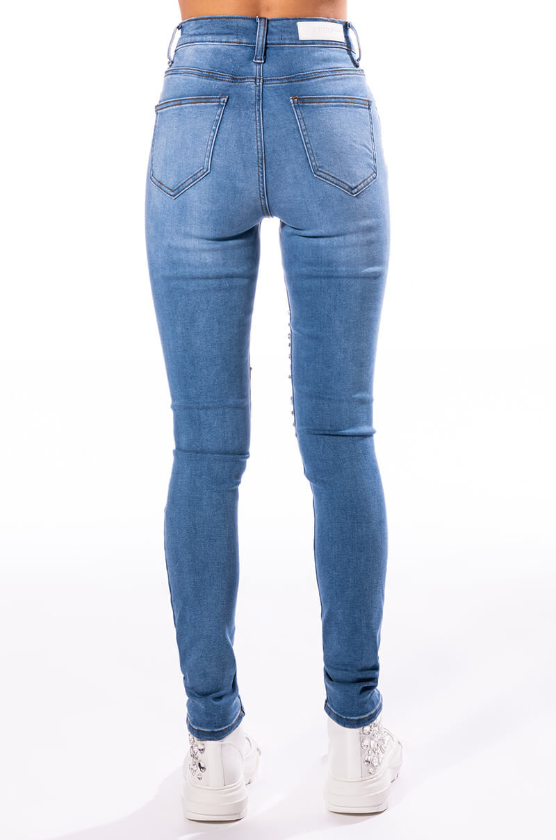 OUTTA THIS WORLD DISTRESSED RHINESTONE HIGH RISE SKINNY JEANS