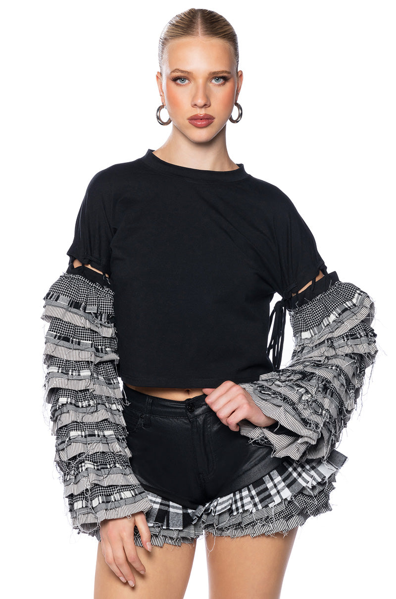 PAINT ME IN PLAID RUFFLE SLEEVE PULLOVER