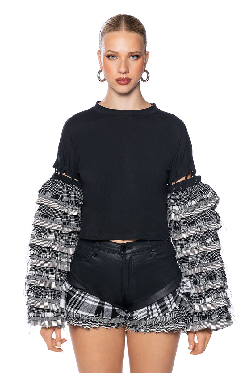 PAINT ME IN PLAID RUFFLE SLEEVE PULLOVER