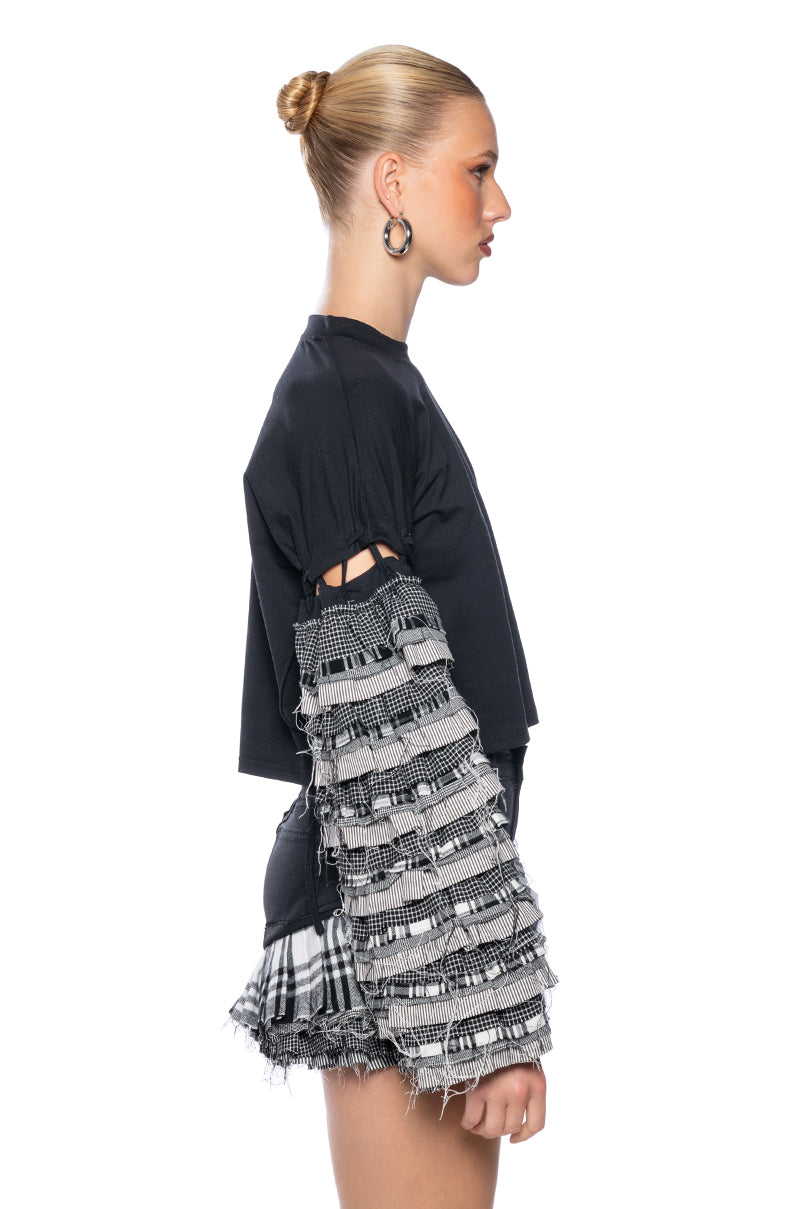 PAINT ME IN PLAID RUFFLE SLEEVE PULLOVER