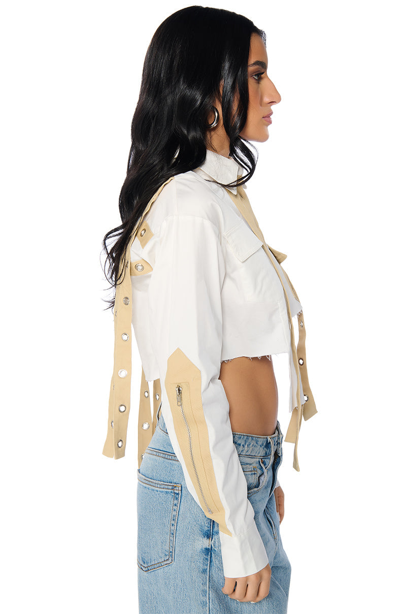 PARK STRAP DETAIL BUTTON DOWN BLOUSE IN WHITE MULTI