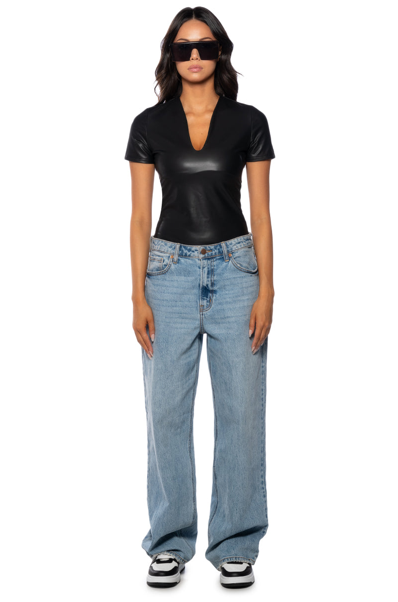 PAXTON FAUX LEATHER SHORT SLEEVE BODYSUIT WITH 4 WAY STRETCH