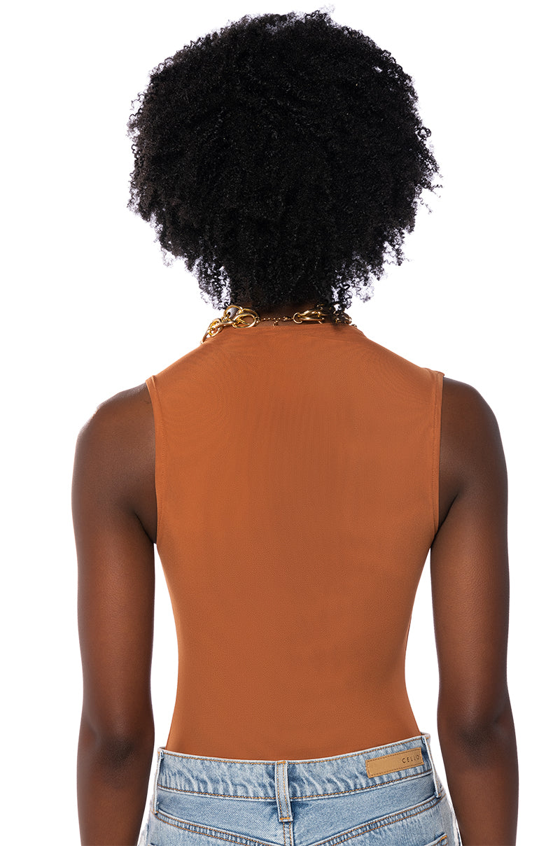 PAXTON SLEEVELESS MESH BODYSUIT IN LIGHT BROWN