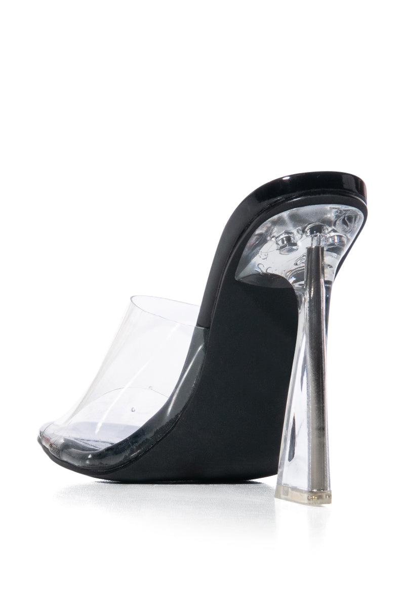 PLUS ONE CLEAR HEEL SANDAL IN BLACK