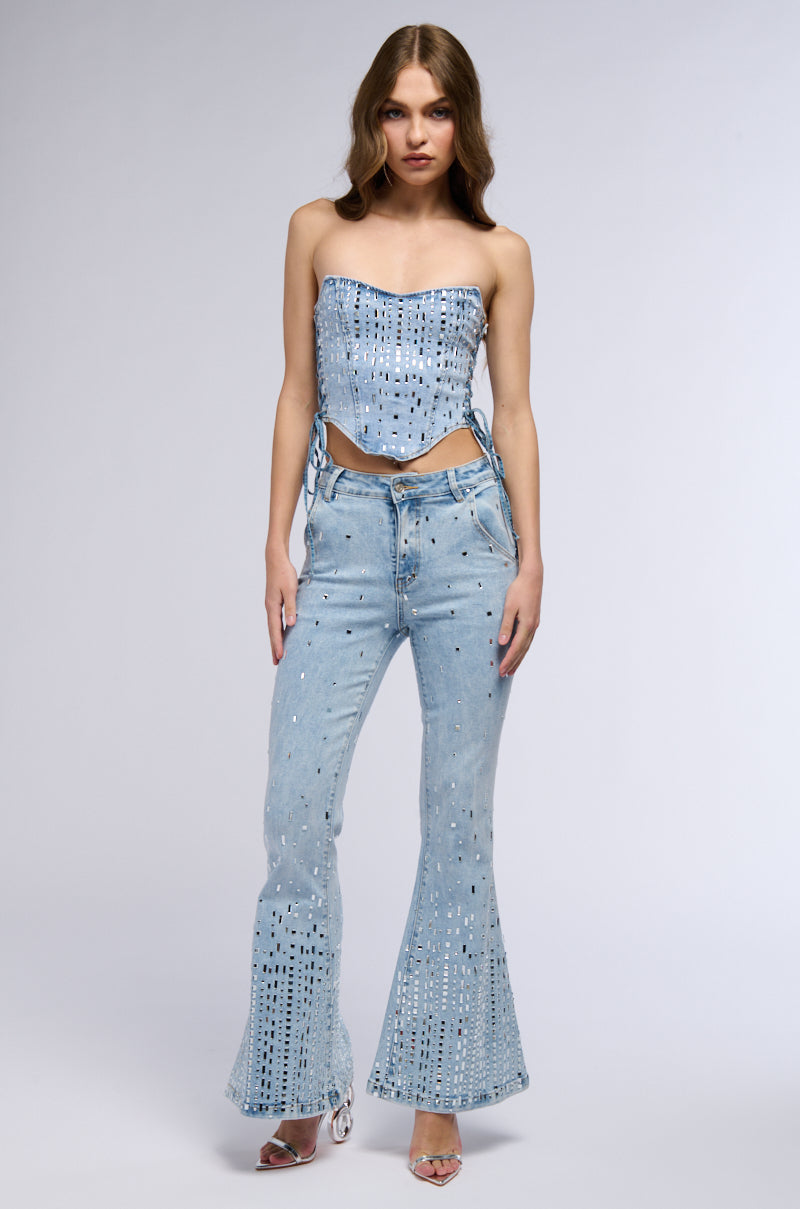 POPSTAR DENIM RHINESTONE FLARED PANT