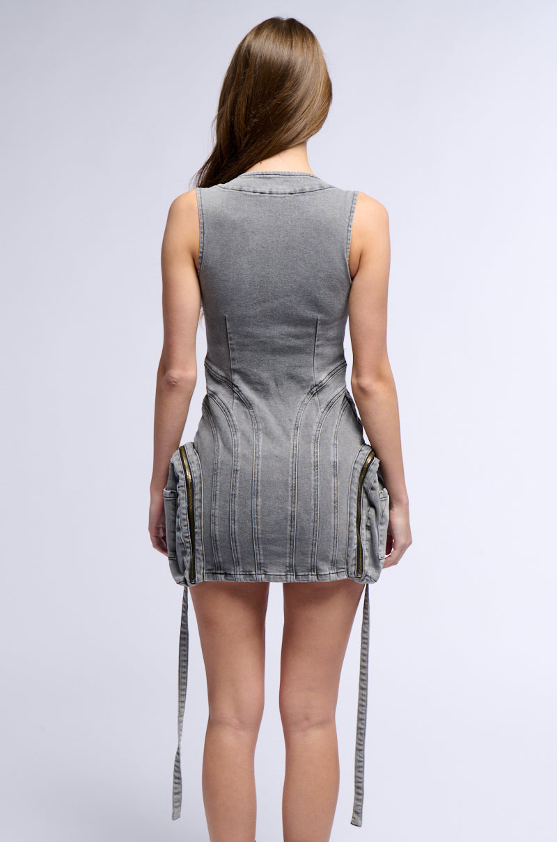 PRINCESS TREATMENT STRAPPY CARGO DENIM MINI DRESS IN BLACK