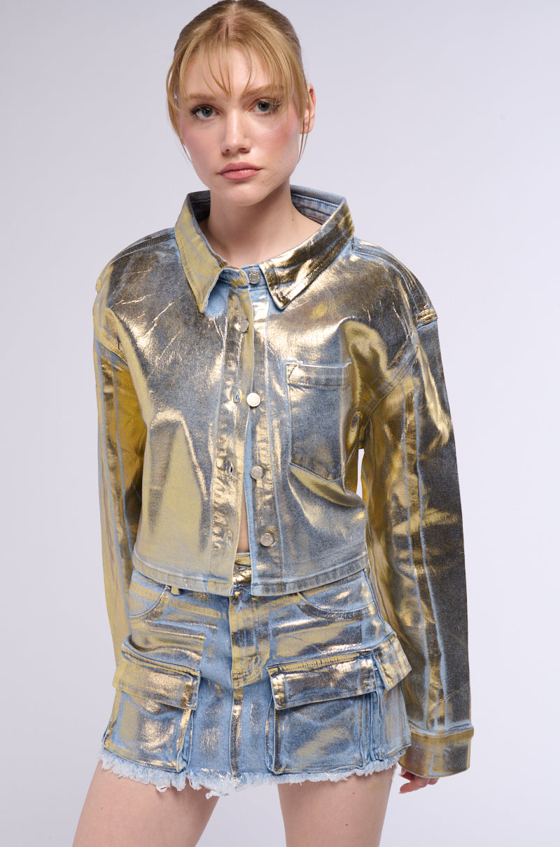 PROCEED WITH CAUTION METALLIC DENIM BUTTON DOWN