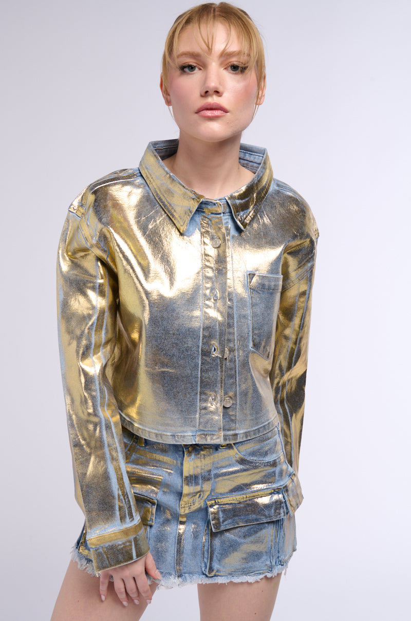 PROCEED WITH CAUTION METALLIC DENIM BUTTON DOWN