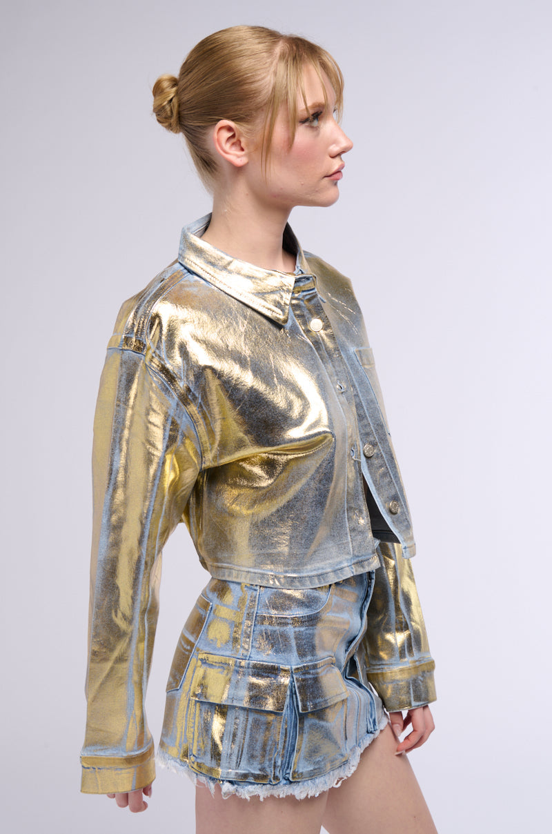 PROCEED WITH CAUTION METALLIC DENIM BUTTON DOWN