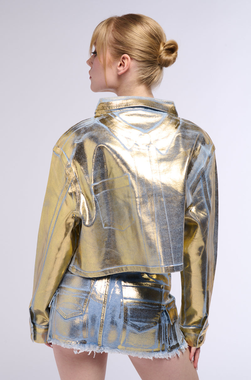 PROCEED WITH CAUTION METALLIC DENIM BUTTON DOWN