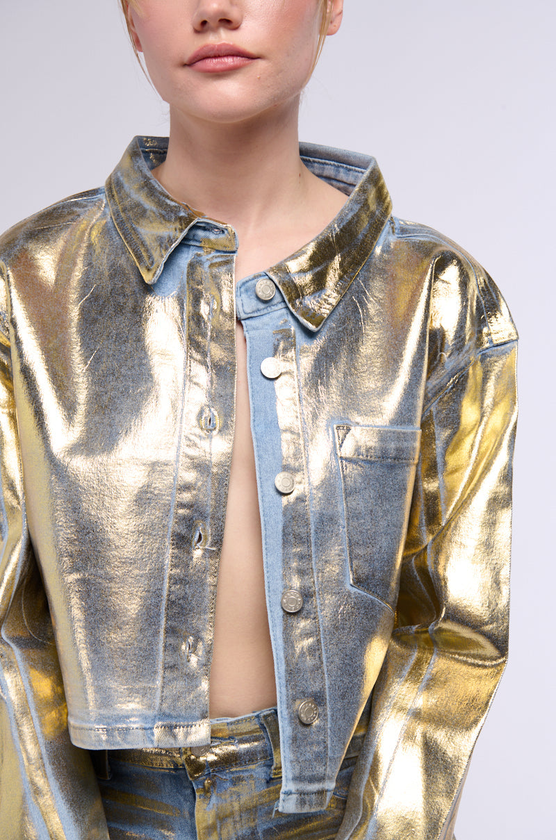 PROCEED WITH CAUTION METALLIC DENIM BUTTON DOWN