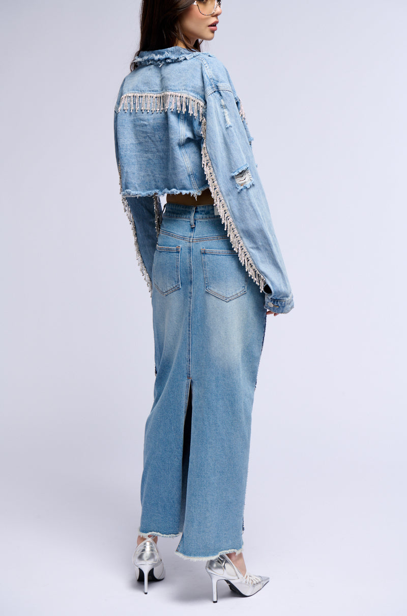 PURE HAPPINESS RHINESTONE CROPPED DENIM JACKET IN BLUE