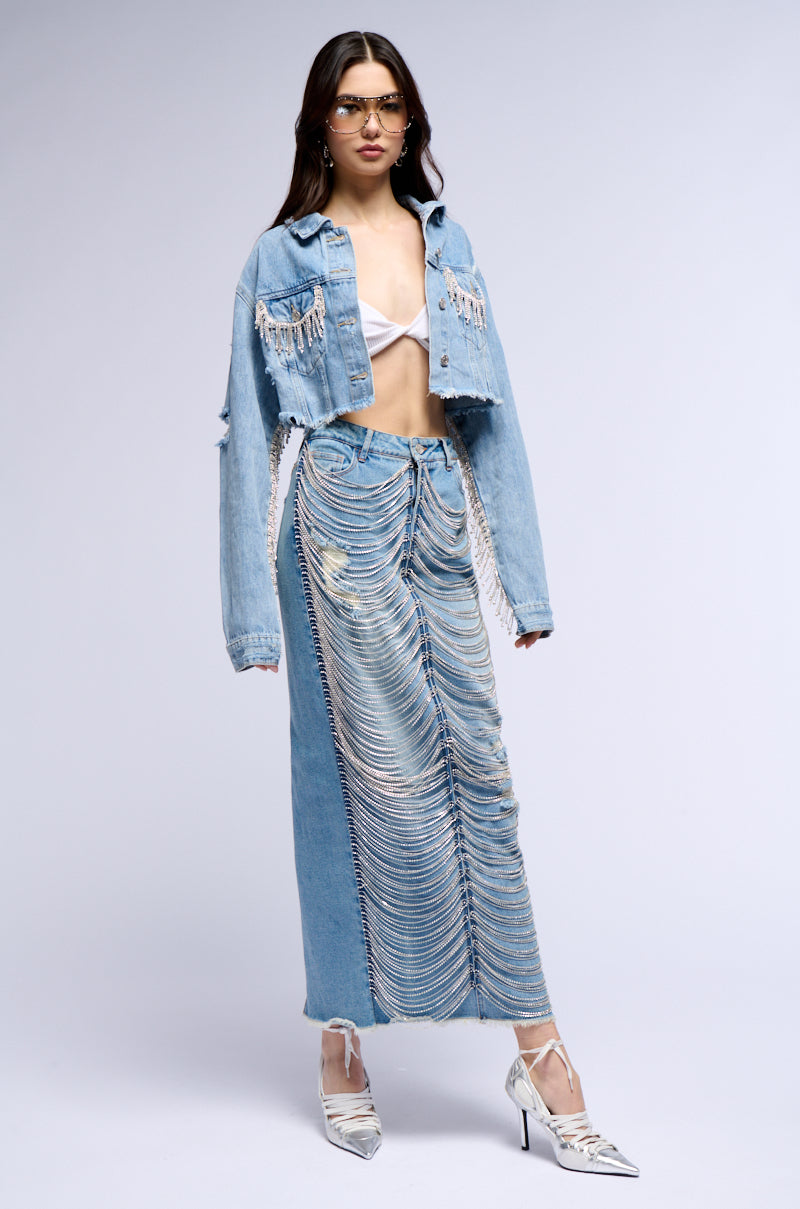 PURE HAPPINESS RHINESTONE CROPPED DENIM JACKET IN BLUE