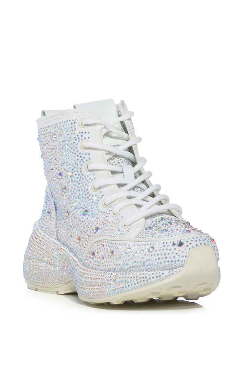 QUEENDOM WHITE HIGH TOP RHINESTONE SNEAKER