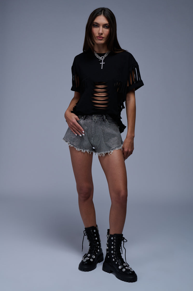 RHINESTONE BEDAZZLED FLARE DENIM SHORT