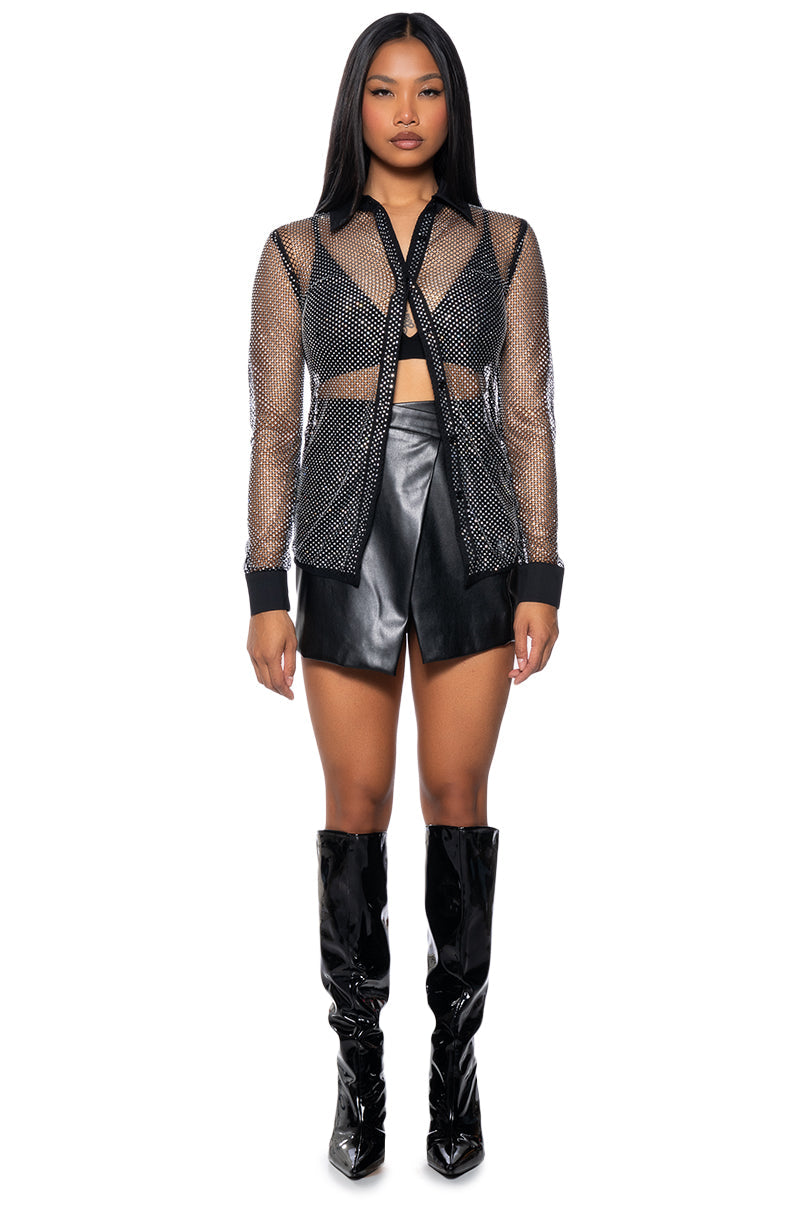 RHINESTONE MESH BUTTON DOWN SHIRT IN BLACK