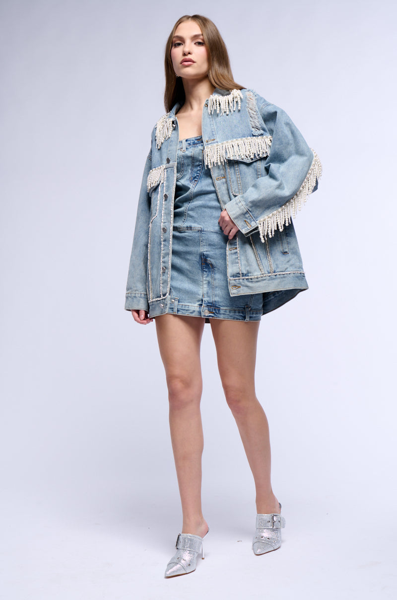 SEEING DOUBLE STRAPLESS DENIM MINI DRESS